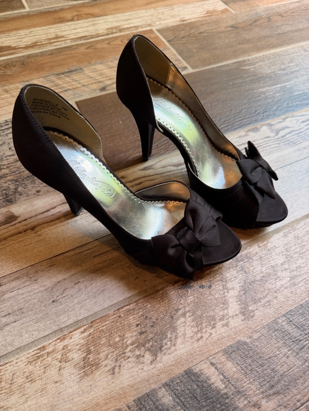 Michelangelo Maribelle Black Satin Bow Heels 7 Peep Toe Platform Wedding Shoes